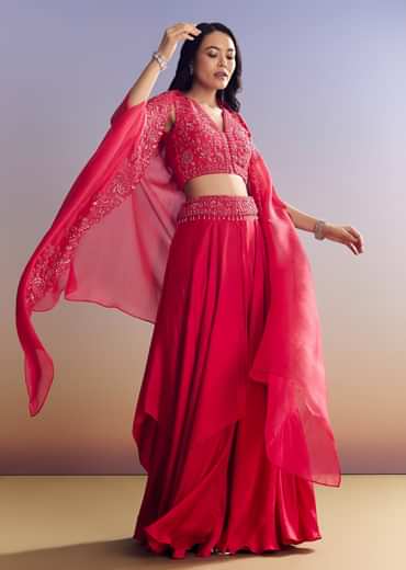 Red Satin Crop Top Set With Embroidered Organza Cape
