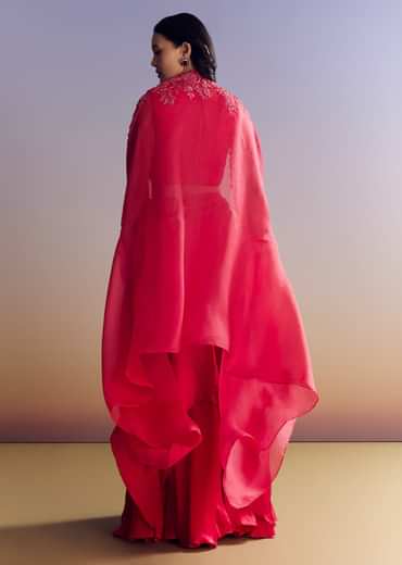 Red Satin Crop Top Set With Embroidered Organza Cape
