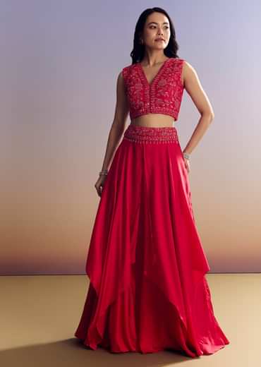 Red Satin Crop Top Set With Embroidered Organza Cape