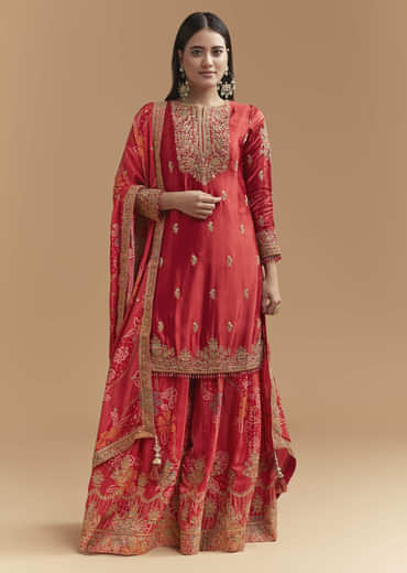 Red Satin Palazzo Suit With Heavy Hand Embroidery