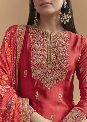 Red Satin Palazzo Suit With Heavy Hand Embroidery