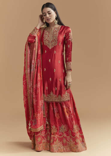 Red Satin Palazzo Suit With Heavy Hand Embroidery