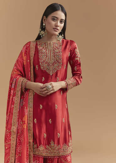 Red Satin Palazzo Suit With Heavy Hand Embroidery