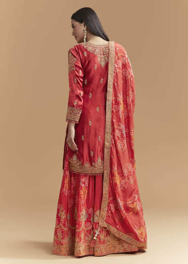 Red Satin Palazzo Suit With Heavy Hand Embroidery