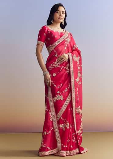 Red Satin Saree With Full Jaal Embroidery