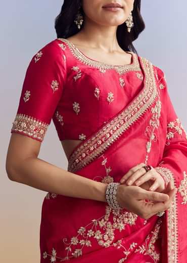 Red Satin Saree With Full Jaal Embroidery