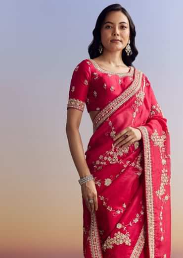 Red Satin Saree With Full Jaal Embroidery