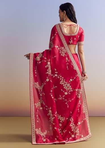Red Satin Saree With Full Jaal Embroidery