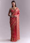 Red Satin Saree With Ikat Geometric Print And Mirror Work