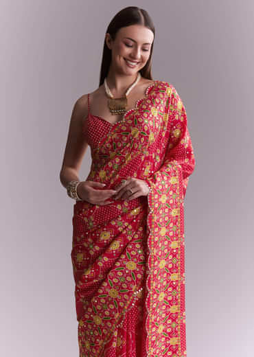 Red Satin Saree With Ikat Geometric Print And Mirror Work