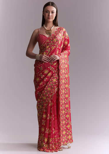 Red Satin Saree With Ikat Geometric Print And Mirror Work