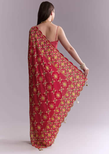 Red Satin Saree With Ikat Geometric Print And Mirror Work