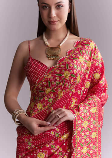 Red Satin Saree With Ikat Geometric Print And Mirror Work
