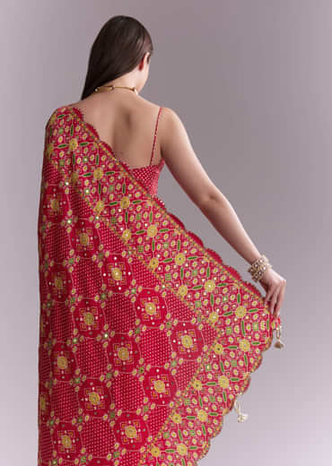 Red Satin Saree With Ikat Geometric Print And Mirror Work