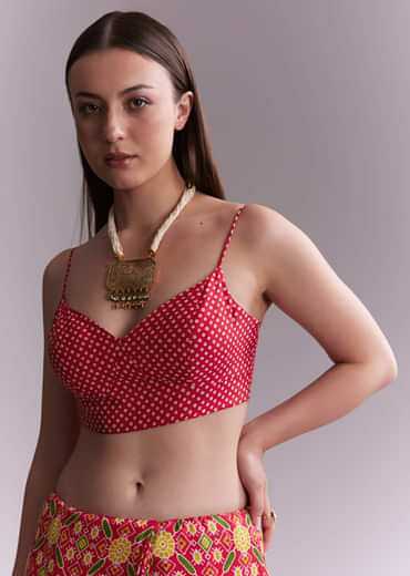 Red Satin Saree With Ikat Geometric Print And Mirror Work