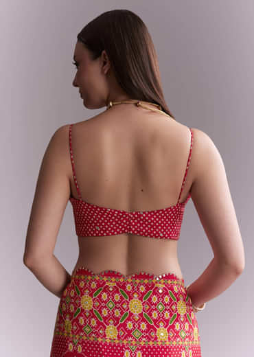 Red Satin Saree With Ikat Geometric Print And Mirror Work