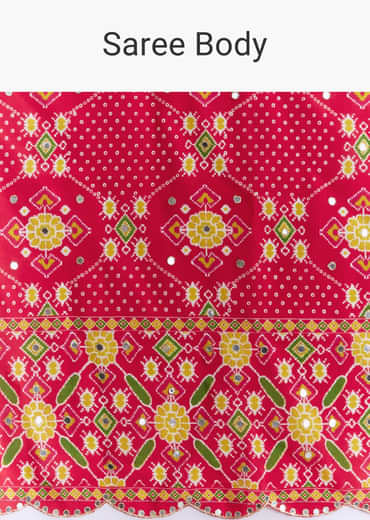 Red Satin Saree With Ikat Geometric Print And Mirror Work