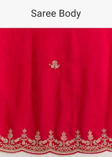 Red Satin Saree With Zardosi Embroidery And Scallop Border