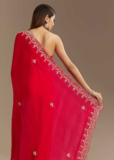 Red Satin Saree With Zardosi Embroidery And Scallop Border