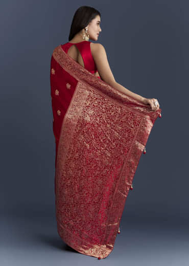 Red Satin Woven Saree With Zari Work