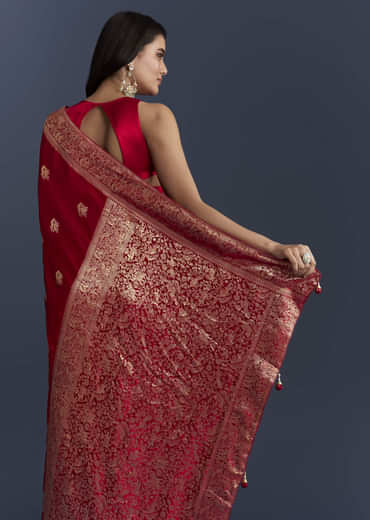 Red Satin Woven Saree With Zari Work
