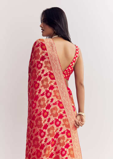 Red Shaded Dola Silk Saree With Zari Jaal Work