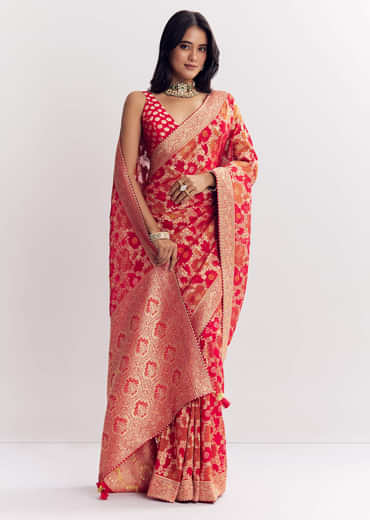 Red Shaded Dola Silk Saree With Zari Jaal Work