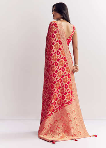 Red Shaded Dola Silk Saree With Zari Jaal Work