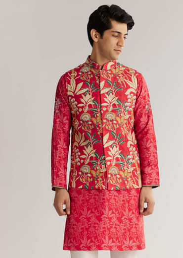 Red Silk 3D Crystal Pearl Floral Kurta Jacket Set