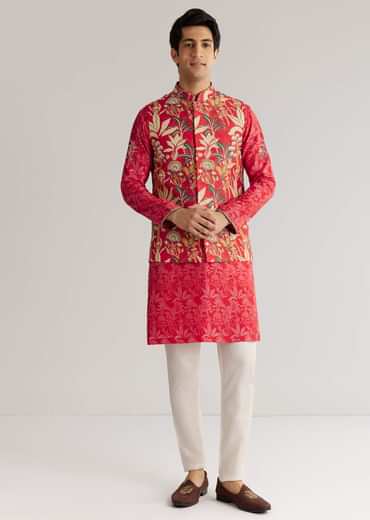 Red Silk 3D Crystal Pearl Floral Kurta Jacket Set