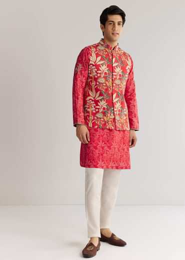 Red Silk 3D Crystal Pearl Floral Kurta Jacket Set
