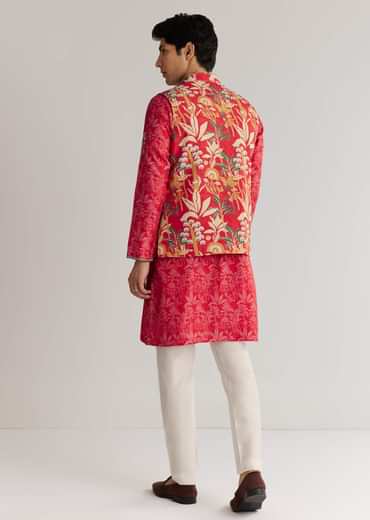 Red Silk 3D Crystal Pearl Floral Kurta Jacket Set