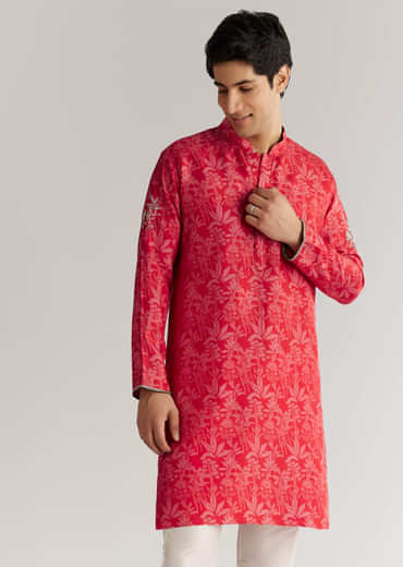 Red Silk 3D Crystal Pearl Floral Kurta Jacket Set