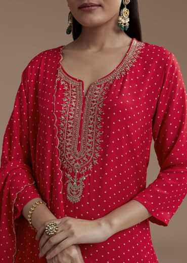 Red Silk Bandhani Print Kurta Set with Zari Work