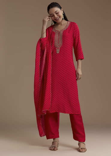 Red Silk Bandhani Print Kurta Set with Zari Work