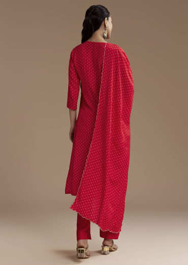 Red Silk Bandhani Print Kurta Set with Zari Work