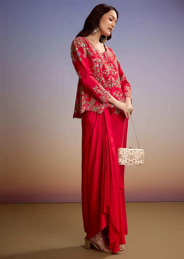 Red Silk Crop Top Skirt With Resham Work