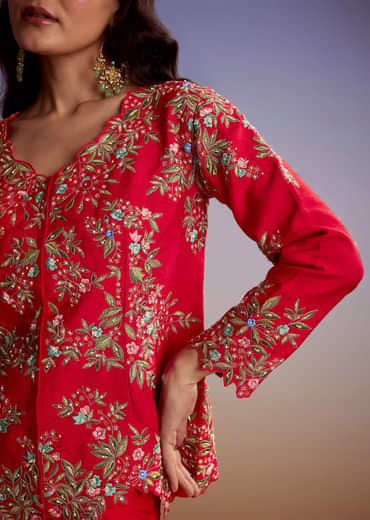 Red Silk Crop Top Skirt With Resham Work