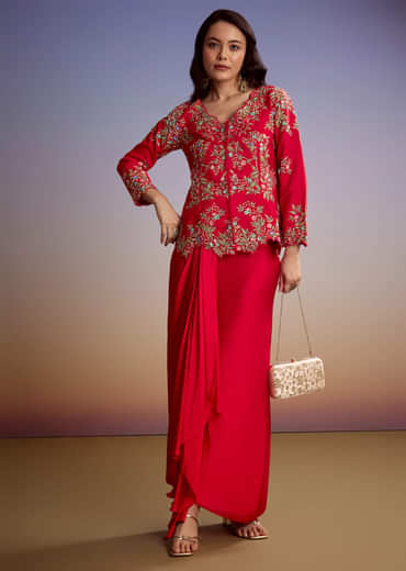 Red Silk Crop Top Skirt With Resham Work