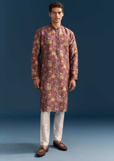 Red Silk Floral Kurta Set For Men With Mirror Embroidery