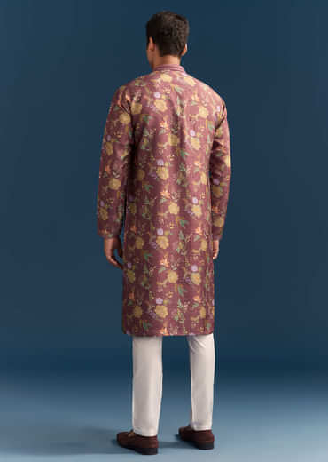 Red Silk Floral Kurta Set For Men With Mirror Embroidery