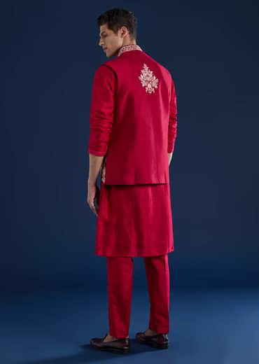 Red Silk Kurta and Jacket Set with Mirror Work