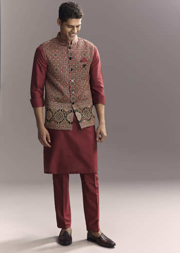 Red Silk Kurta Jacket Set For Men With Hand Block Ajrakh Print