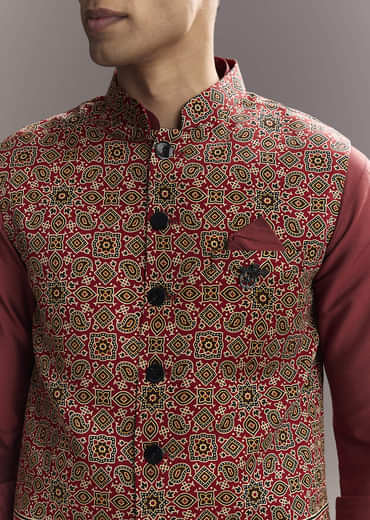 Red Silk Kurta Jacket Set For Men With Hand Block Ajrakh Print
