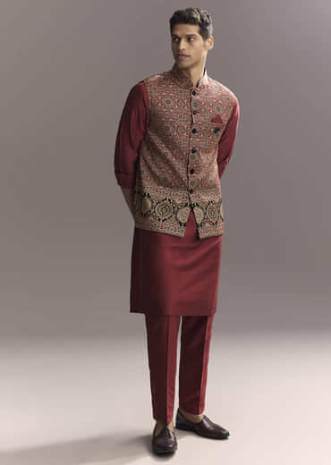 Red Silk Kurta Jacket Set For Men With Hand Block Ajrakh Print