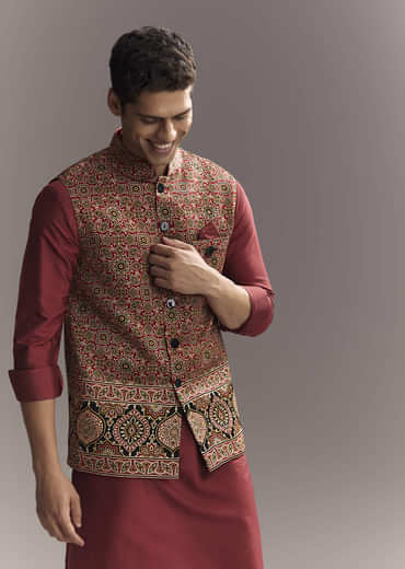 Red Silk Kurta Jacket Set For Men With Hand Block Ajrakh Print
