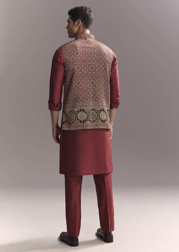 Red Silk Kurta Jacket Set For Men With Hand Block Ajrakh Print