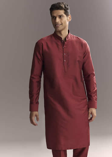 Red Silk Kurta Jacket Set For Men With Hand Block Ajrakh Print