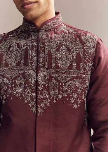 Red Silk Kurta Jacket Set For Men With Heavy Hand Work