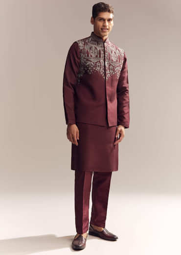 Red Silk Kurta Jacket Set For Men With Heavy Hand Work